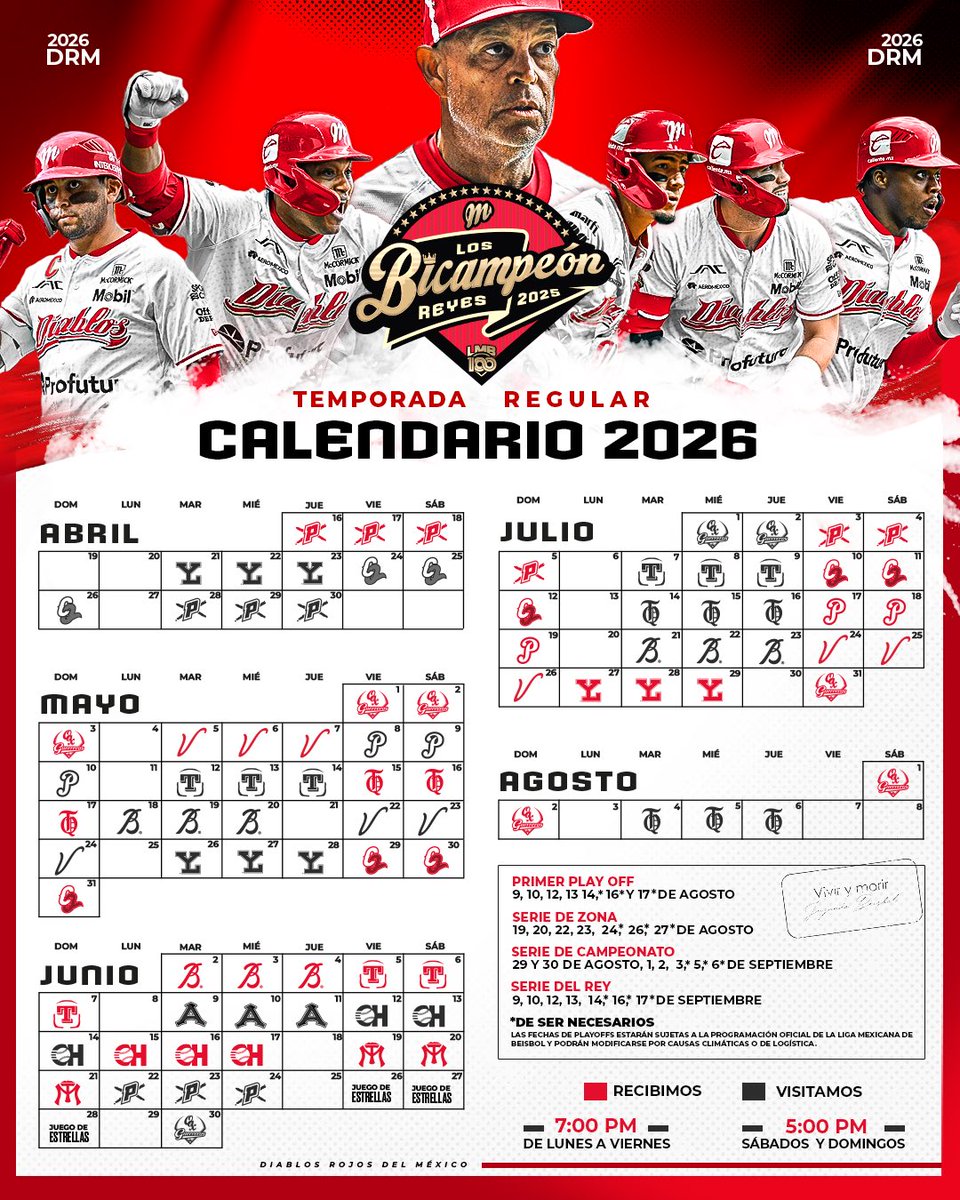 DiablosRojosMX's tweet photo. Aquí empieza la misión 19. Cada serie cuenta, cada juego pesa. 

Conoce el calendario rumbo al tricampeonato. 🗓️😈 https://t.co/ecNni82AwP