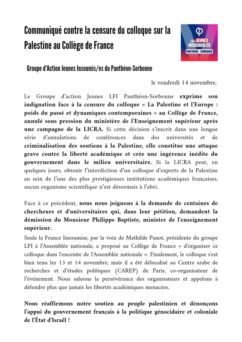 Contre la censure du colloque sur la Palestine au Collège de France. Retrouvez le communiqué du GA LFI Panthéon-Sorbonne.
