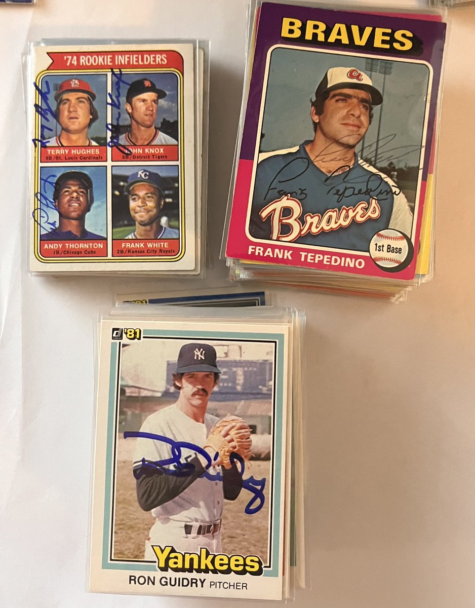 Tec872's tweet image. Autographs for signed set builders! Common/semi star players but some autos of deceased players and a few duplicates. Prices on lots are shipped. #vintage #setbuilder #thehobby 

1974 Topps: 26 cards: $50 
1975 Topps: 80 cards: $135
1981 Donruss: 98 cards: $150