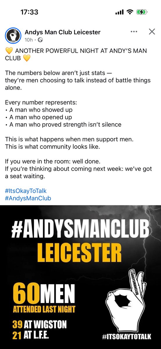 TrudiG's tweet photo. So proud of every man that attended last night’s Andy’s Man Clubs in Leicester.
Some, for the very first time.
💙💙💙@andysmanclubuk #savethemale #menmattertoo
#starttalking https://t.co/vmqxflc6cf