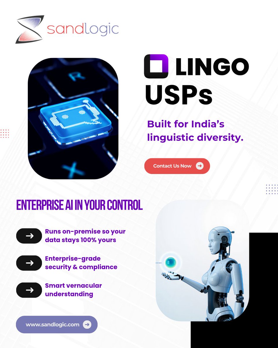 sandlogictech's tweet image. SandLogic’s LINGO puts enterprise AI in your control:

✔ On-prem deployment
✔ Strong security &amp;amp; compliance
✔ True Vernacular intelligence

Smart, secure, and built for real conversations.

#LINGO #SandLogic #AI #OnPremAI #SecureAI #VernacularAI