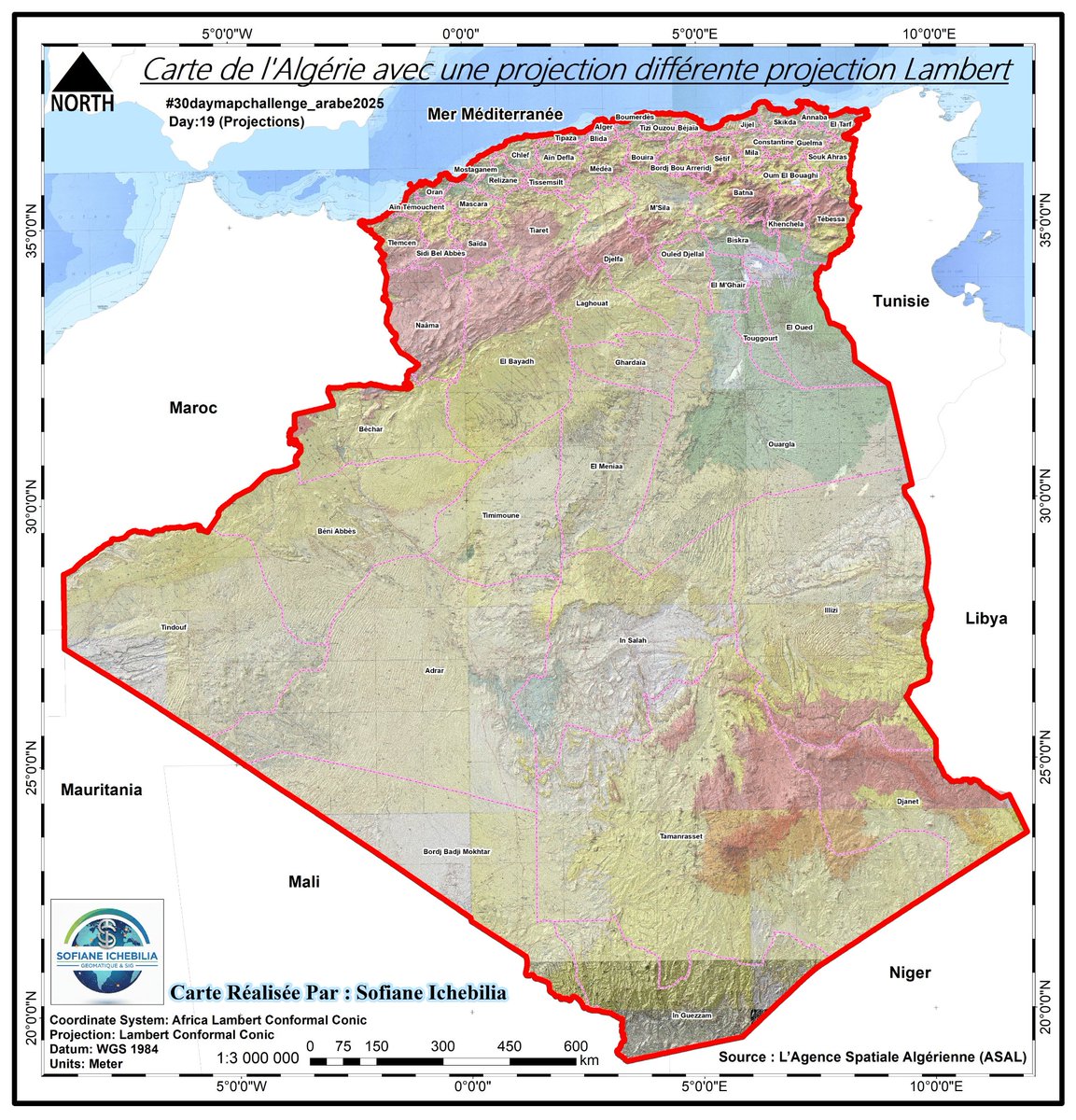 #30daymapchallenge
#30daymapchallenge2025
#30daymapchallenge_arabe2025
Day:19 (Projections)
Carte de l'Algérie avec une projection différente projection   Lambert