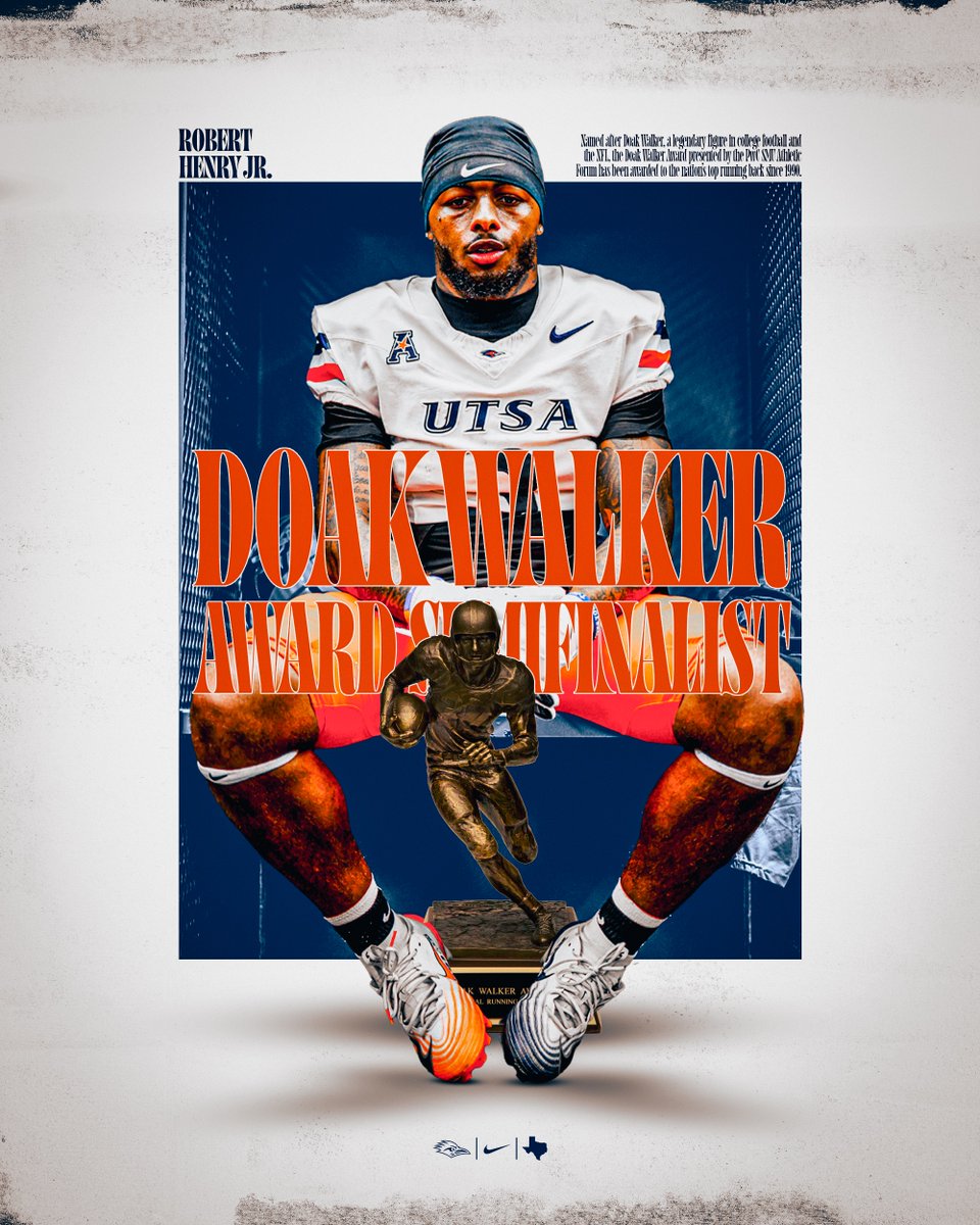 𝐃𝐎𝐀𝐊 𝐖𝐀𝐋𝐊𝐄𝐑 𝐀𝐖𝐀𝐑𝐃 𝐒𝐄𝐌𝐈𝐅𝐈𝐍𝐀𝐋𝐈𝐒𝐓

UTSA running back Robert Henry Jr. (<a href="/robertThenry6/">Robert henry</a>) has earned a spot on the Doak Walker Award semifinalist list!

📰 utsa.pro/49s75UA

#210TriangleOfToughness | #210wned