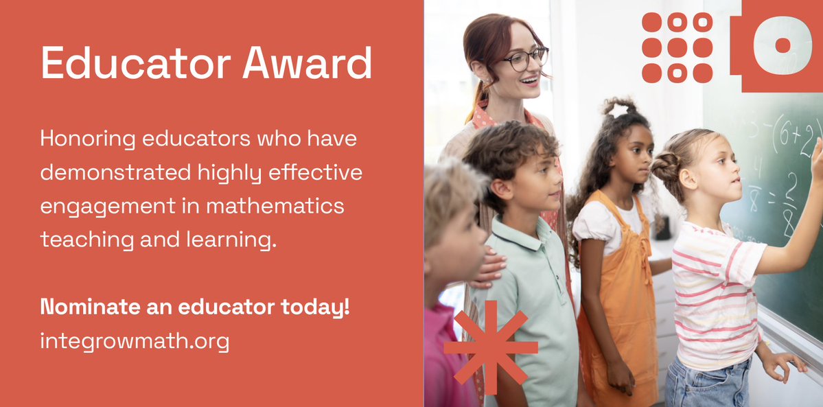 integrowmath's tweet image. Nominate an exceptional educator for the Educator Award! This award honors those with a strong commitment to student engagement, professional growth, and service to their school or community.

Learn more and nominate someone deserving at integrowmath.org/educator-award
