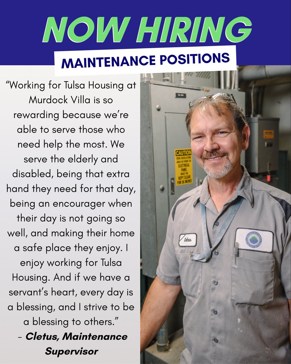 Hands-on work with real impact. 🛠 Apply to join our maintenance team by visiting our website at tulsahousing.org/careers/
