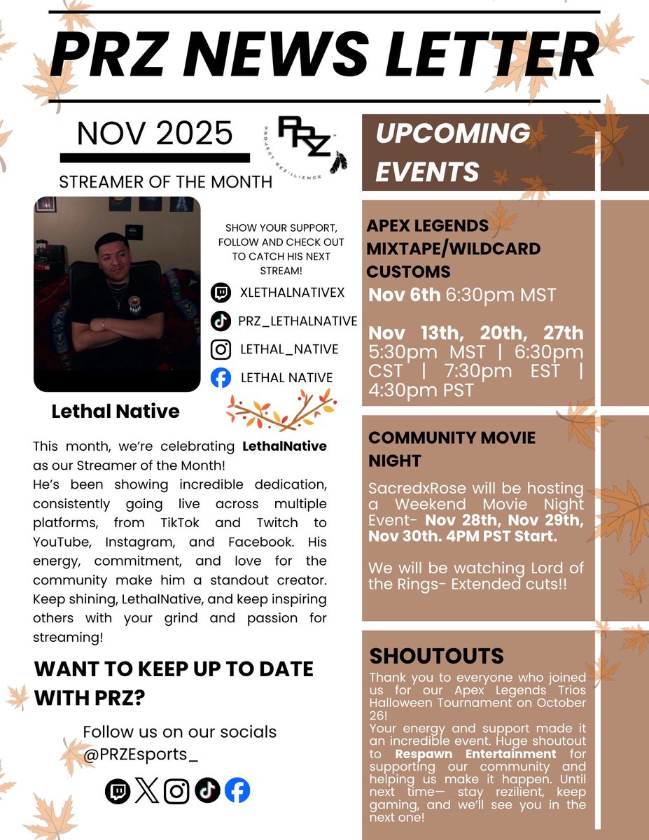 Congrats to our Streamer of the Month: LethalNative! 
Consistent grind across all platforms + nonstop PRZ energy 🔥💪

Here is November newsletter along with highlights &amp; updates. Next Customs: Nov 20/25 6:30pm CST! #PRZEsports