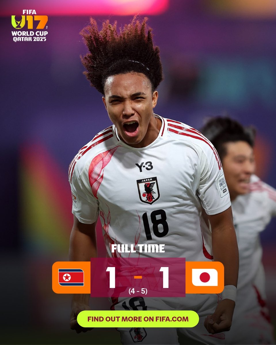 Fooootest's tweet photo. 【試合終了】

🇯🇵U-17日本代表 1-1(5-4) U-17北朝鮮代表🇰🇵

PK戦を制したU-17日本代表が14年ぶりにW杯8強入りへ🏆🔥

📸@FIFAWorldCup  #U17WC https://t.co/bqzqj6eKDQ