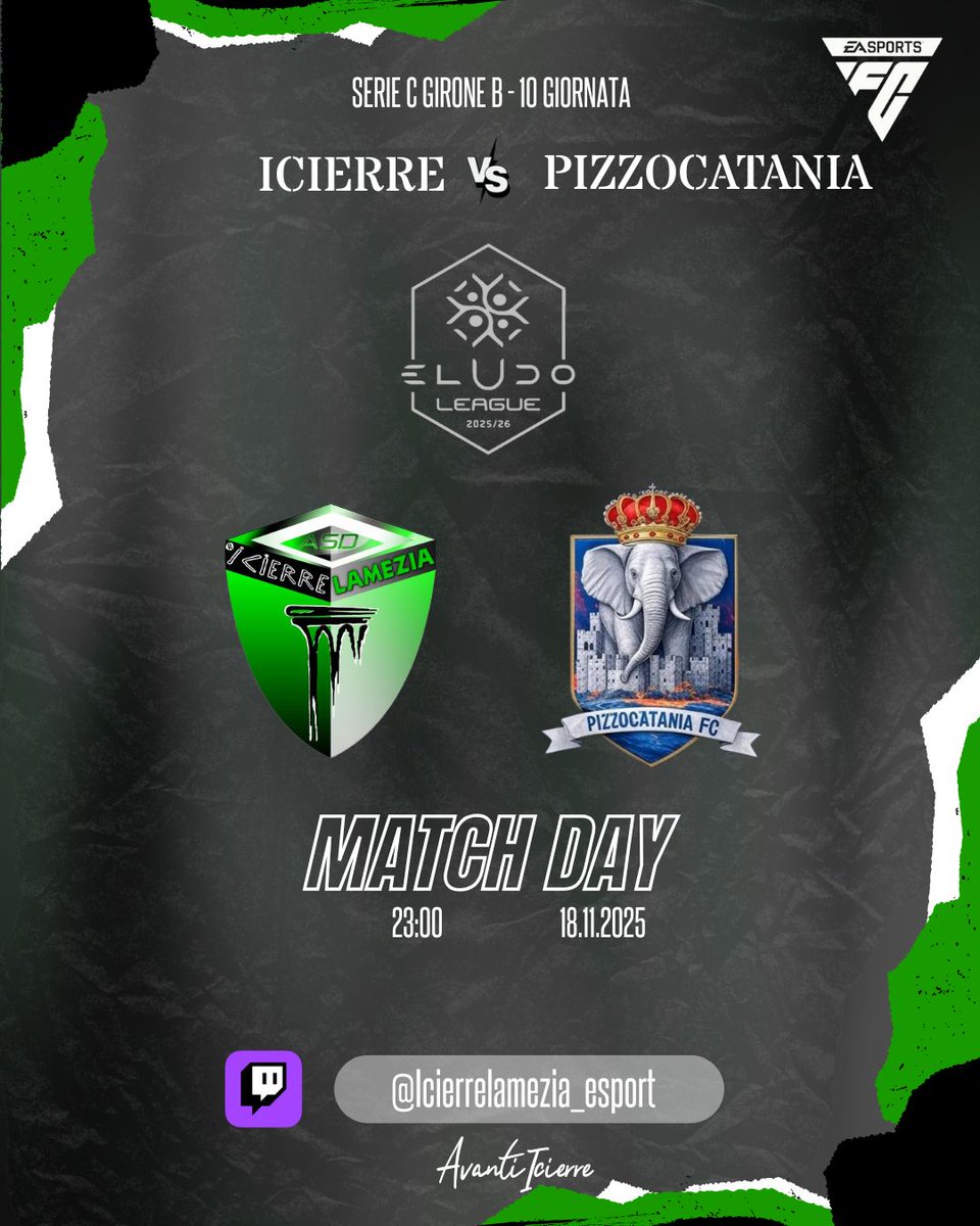📢| MATCH DAY
📅| 18.11.2025

🏆| <a href="/VPGItaly/">Virtual Pro Gaming Italy 🇮🇹</a> Serie D1
⚽️| 14a Giornata
🆚| <a href="/italianjob_fc/">italian job fc</a> 

🏆| <a href="/eLUDO_official/">eLUDO</a> Serie C
⚽️| 10a Giornata
🆚| <a href="/PizzoCatania_FC/">PizzoCatania FC</a> 

Diretta Sul Nostro Canale Twitch!