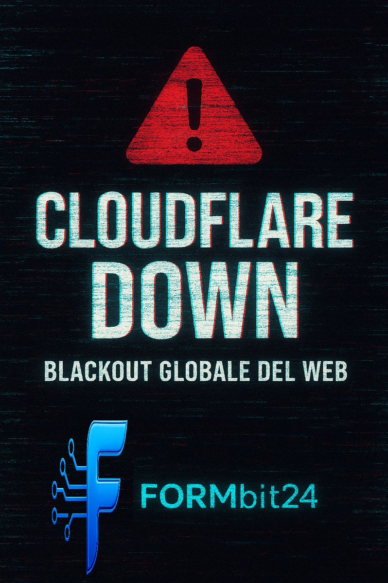 Formbit24's tweet image. Cloudflare down: blackout globale del web. Cloudflare è andato giù, e con lui migliaia di siti e app: da ChatGPT a Canva, da X a Spotify. 
Guarda il video qui: youtube.com/shorts/oAd6eow… 
#cloudflaredown #formbit24  #cloudflare #18novembre