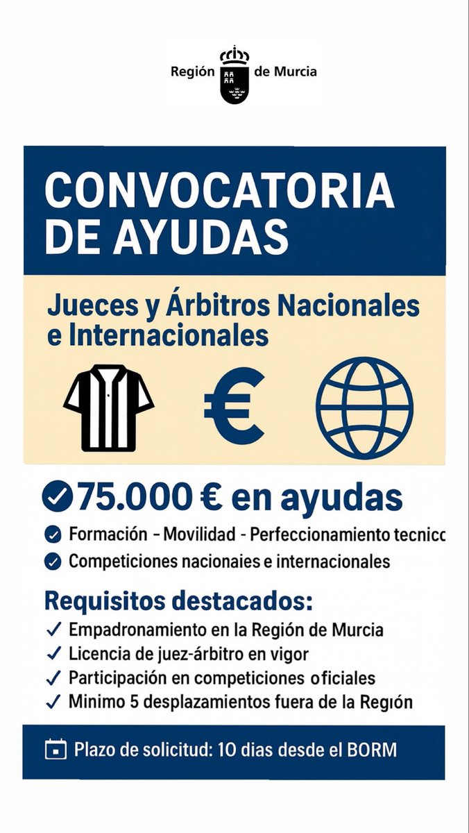 📝Lanzamos una nueva convocatoria de 75.000€ ayudas para jueces y árbitros nacional internacional

⚖️Una apuesta clara por quienes garantizan la justicia,la igualdad y la calidad en la competición

💬Creemos en un deporte justo y competitivo.Apoyamos a quienes lo hacen posible