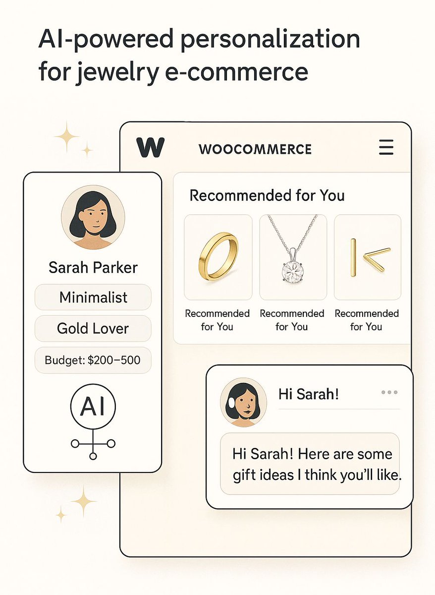 khairulcoder's tweet image. AI is changing how jewelry is sold online 💍  
🔹 Smart recommendations  
🔹 Chatbot guidance  
🔹 Personalized landing pages  
Your store should feel custom-built for every visitor.  
Built with WooCommerce + AI at Khairulcoder.com  

#AIUX #WooCommerce #KhairulCoder
