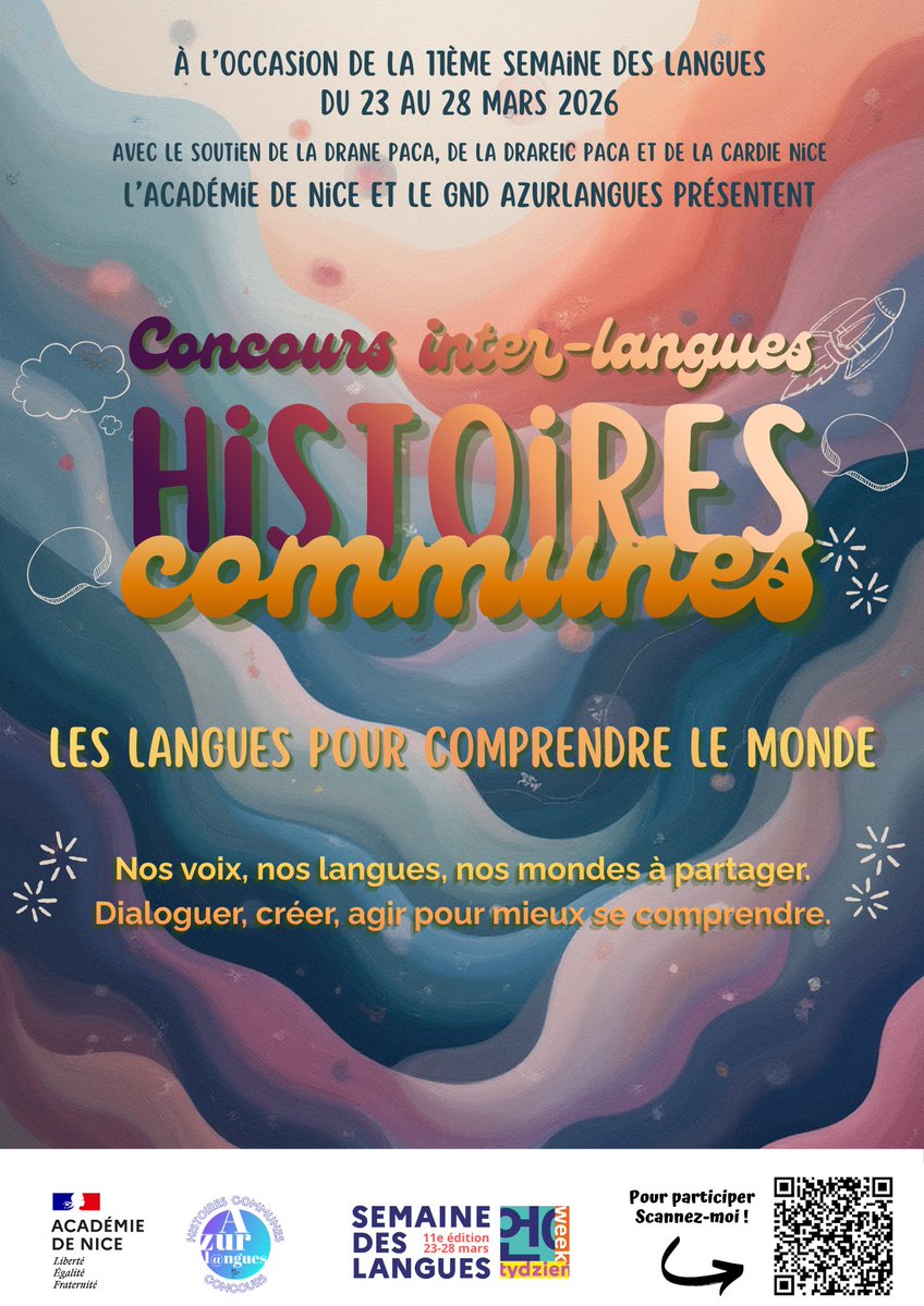 AzurGnd's tweet image. 📣 #SemaineDesLangues2026
🗓️ 23–28 mars
Thème : &quot;Les langues pour dialoguer&quot; 🌍🗣️
Le concours &quot;Histoires communes&quot; revient :
🎬 vidéos
🎙️ podcasts
💬 créations plurilingues
🤖 IA et cyber-citoyenneté
👉 Infos : pedagogie.ac-nice.fr/espagnol/inter…
Enseignants de LV, à vous de jouer !