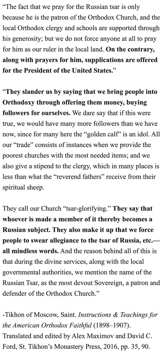 TaborPravda's tweet photo. Accusing Orthodox Christians in America of being agents for the Russian state isn't new. When St Tikhon was a bishop in the USA in 1901, he labeled the accusation that any convert to Orthodoxy becomes a Russian subject &amp; forcibly swears loyalty to the Tsar as "all mindless words" https://t.co/0DFHM90lbY