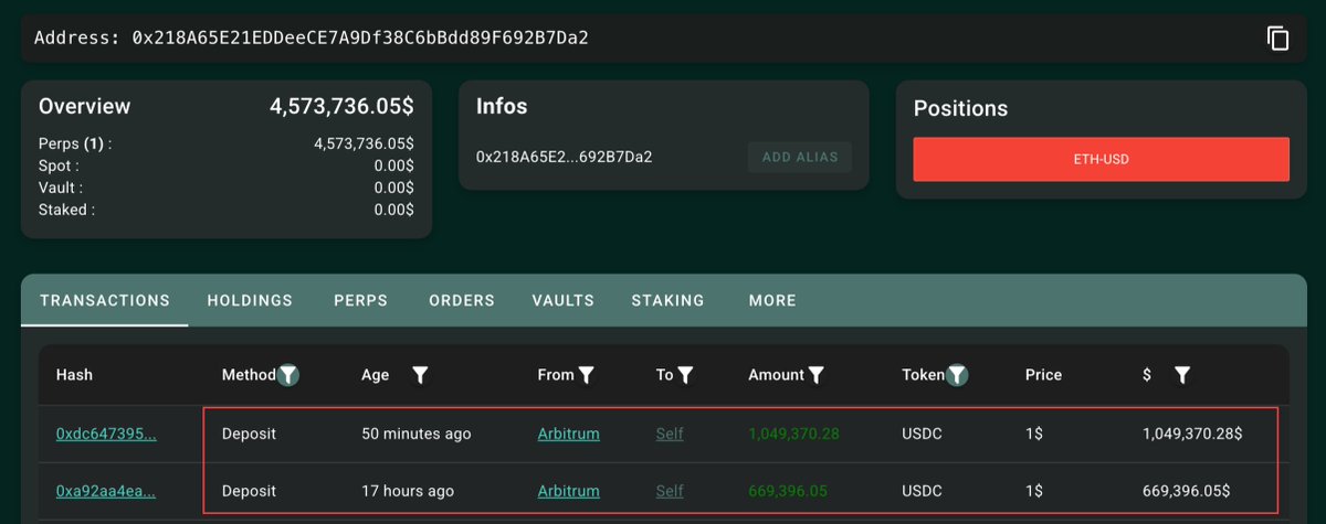 显示最近向鲸鱼的 Hyperliquid 账户存入 USDC 的截图