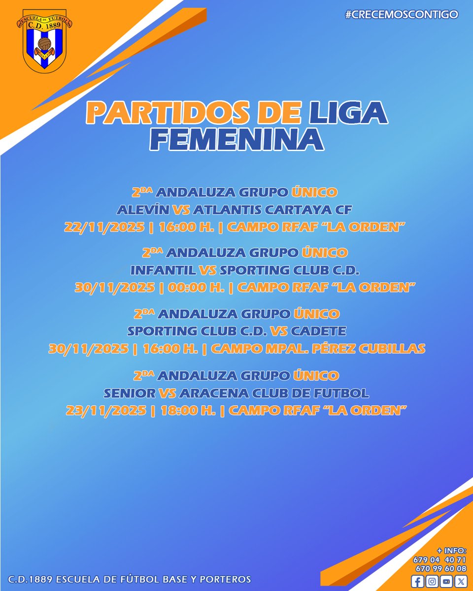 PARTIDOS DE LIGA | Nuestras chicas ya tienen horario para su jornada de #PartidosOficiales. ⚽🔝

#Vamos89 🔵⚪️🔵

#Somos1889 #FutbolBase #crecemoscontigo
#FormandoEnValores
