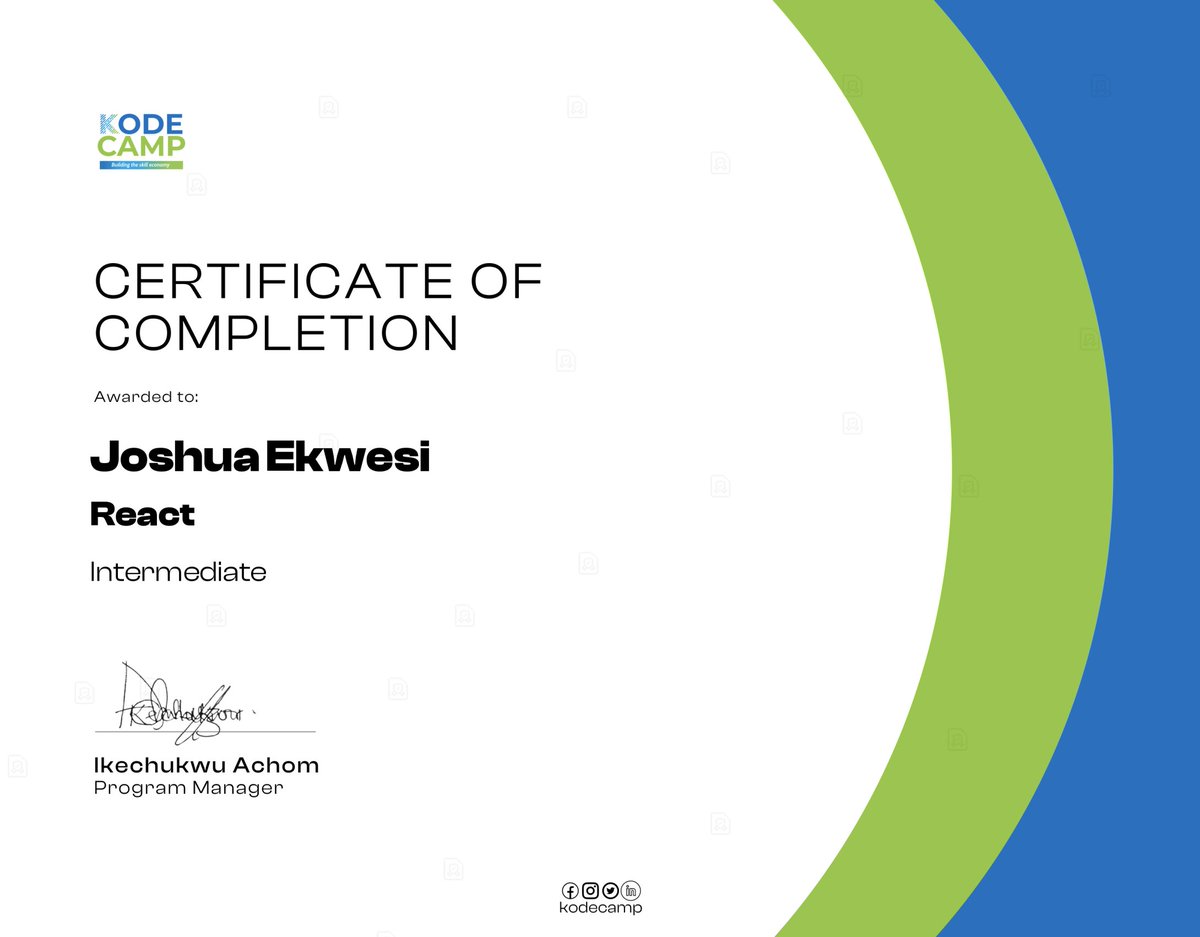 d_coder_josh's tweet image. I’m officially a Front-End Developer certified by @kode_camp ! 🎉
Grateful for the mentorship, guidance, and support that made this possible. 🙏
Learning JavaScript, React, and Next.js has been a journey — full of growth, challenges, and excitement. 🚀