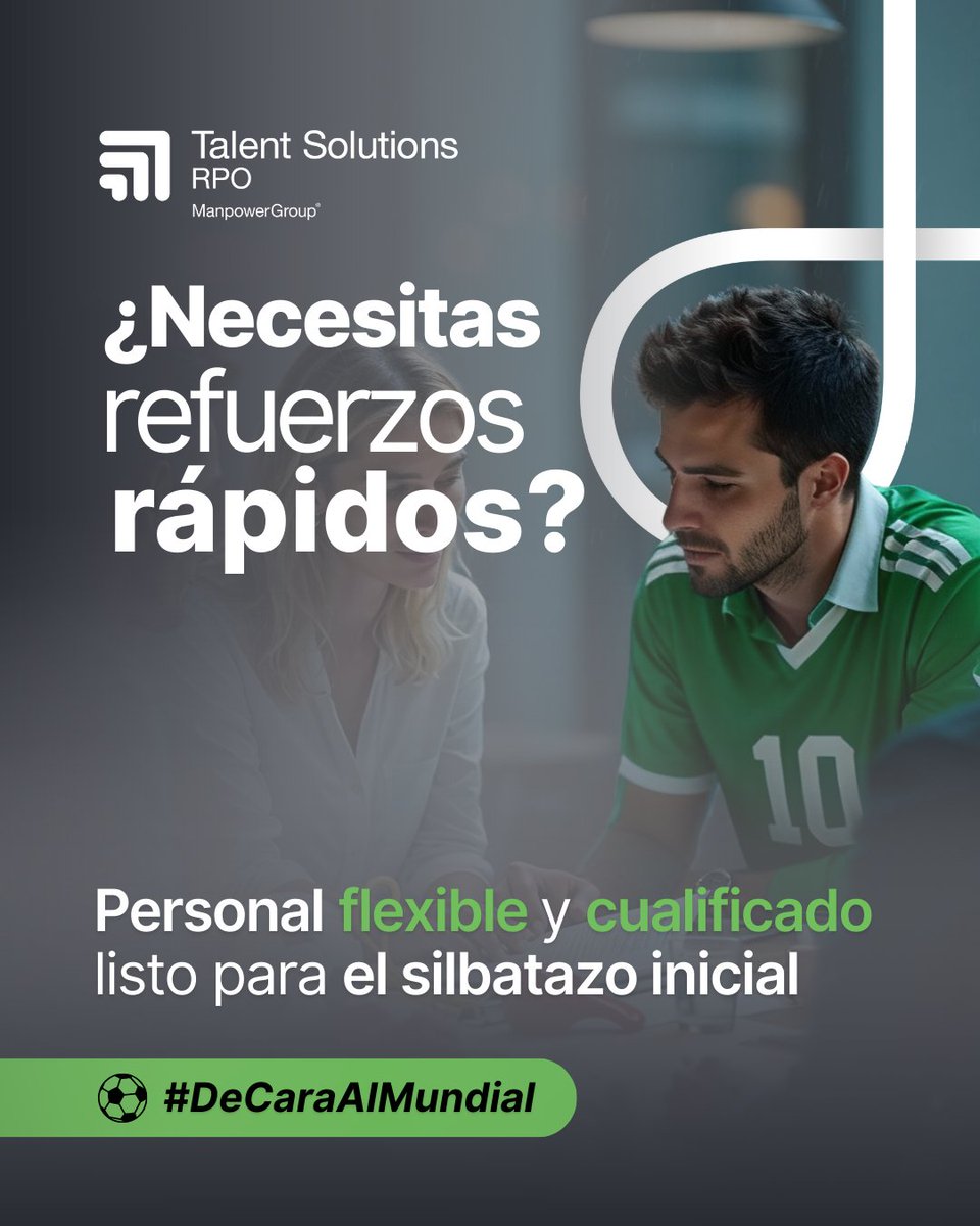 ManpowerMeCA's tweet image. ⏱️ ¡El partido está por comenzar y necesitas refuerzos!

Con #talento flexible y cualificado, tu equipo entra al campo sin demoras.

🚀 ¡Te damos velocidad y precisión! - mpgtalentsolutions.com/mx/es

#ManpowerGroupMX #TalentSolutions #DeCaraAlMundial