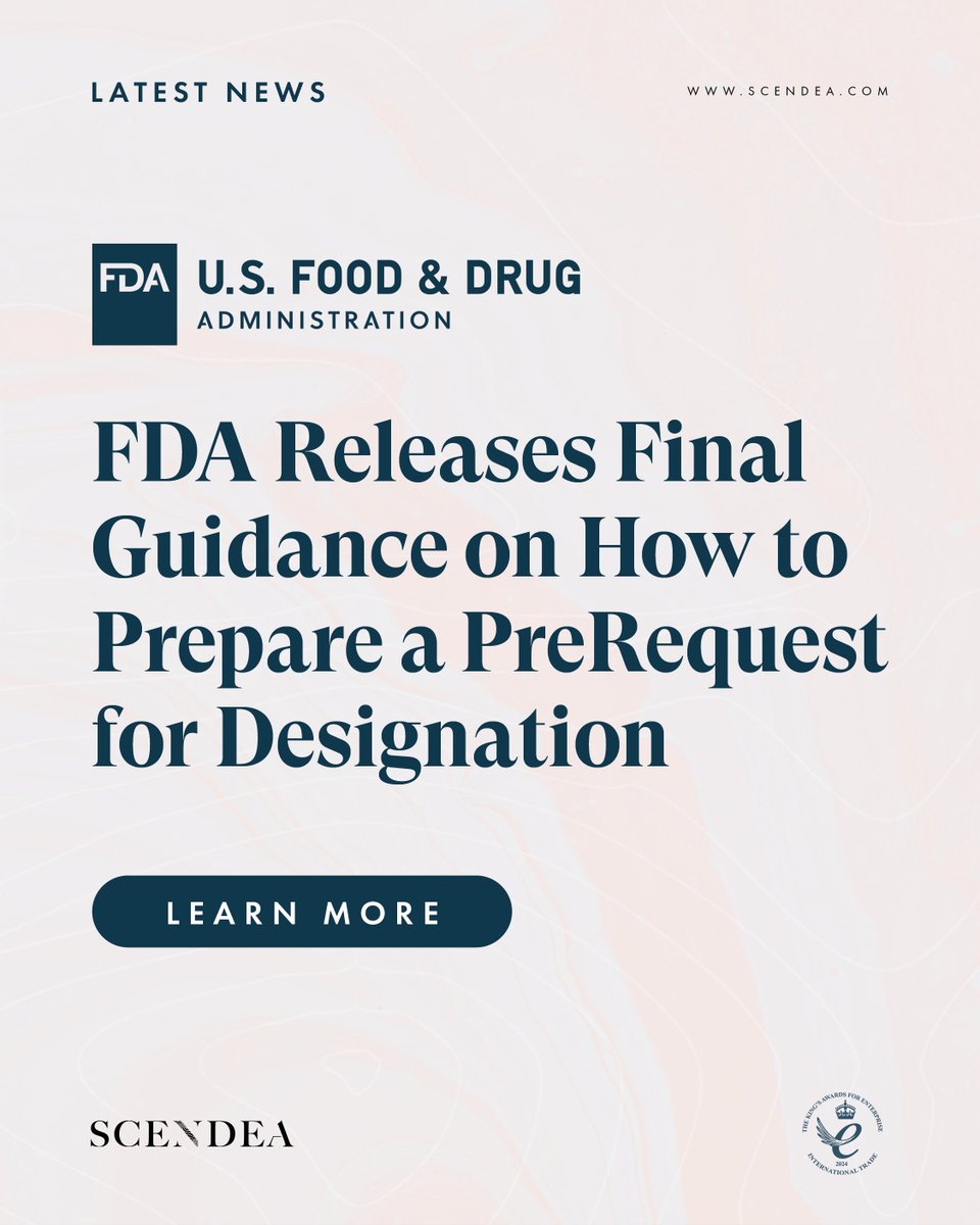 scendea's tweet image. The @US_FDA has released the final guidance on how to prepare a Pre-Request for Designation (Pre-RFD). Get in touch to speak with a member of our team: scendea.com/contact
-
#preRFD #FDAagencyinteractions