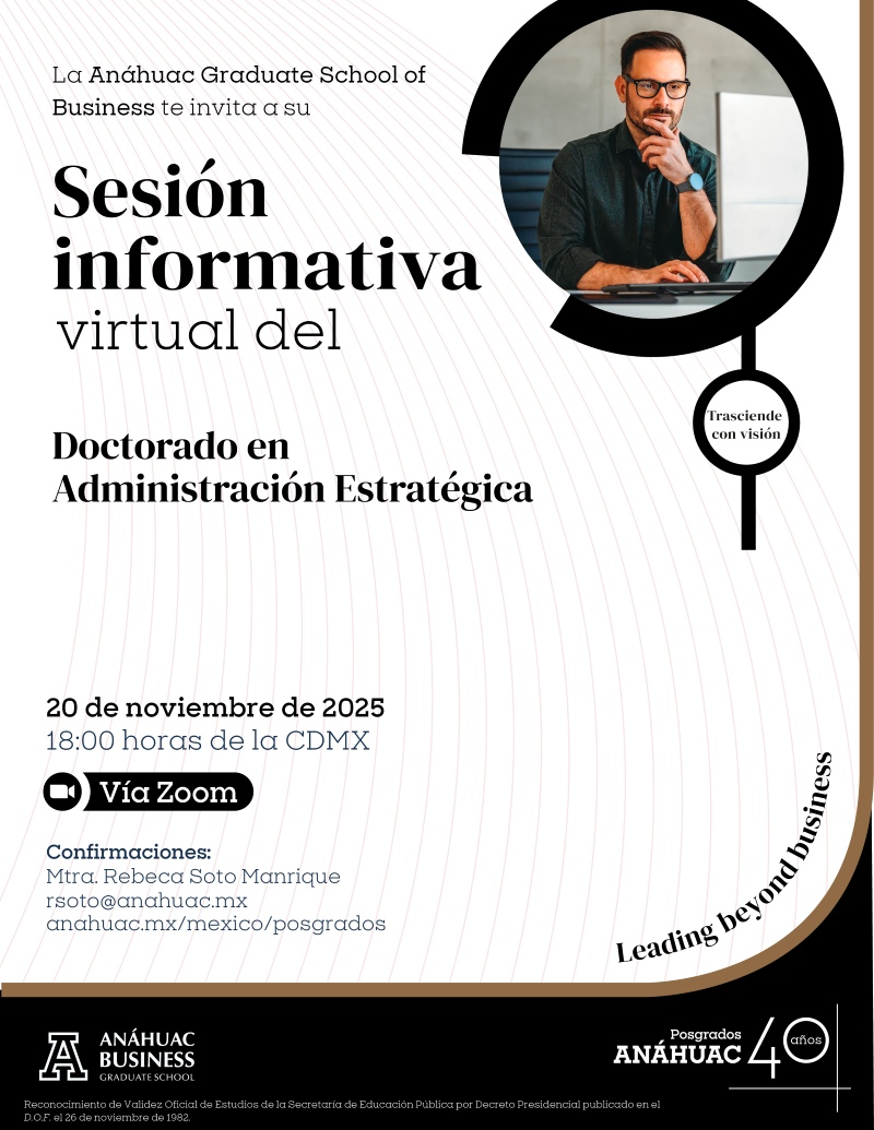 Descubre todo sobre nuestro Doctorado en Administración Estratégica en la próxima sesión informativa virtual. 

De la gestión a la trascendencia. ¿Estás listo para redefinir el futuro estratégico de tu industria?
Registro 👉 tinyurl.com/3uvwnh2s