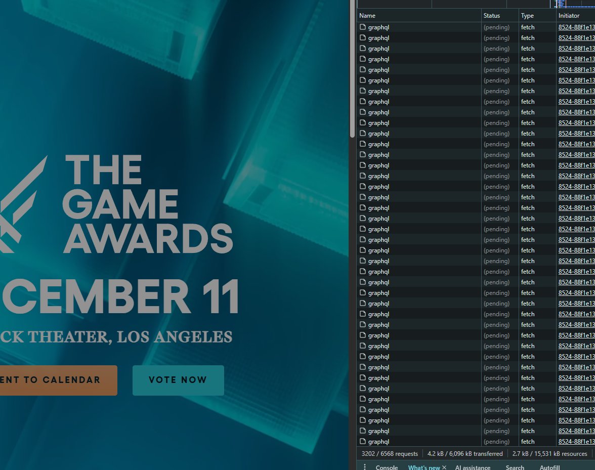 Hey <a href="/thegameawards/">The Game Awards</a> is it some graphql bitcoin mining or what exactly happens with your site? That's A LOT of requests...