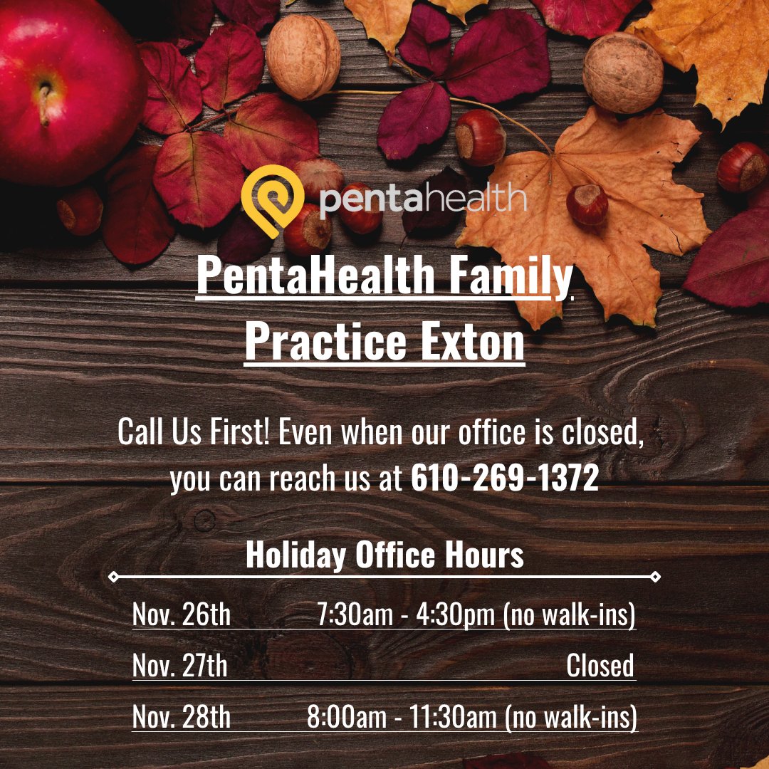 phdocs's tweet image. Thanksgiving is almost here! Here are changes to our office hours due to the holiday. (1/2)

#pentahealth #holidayhours