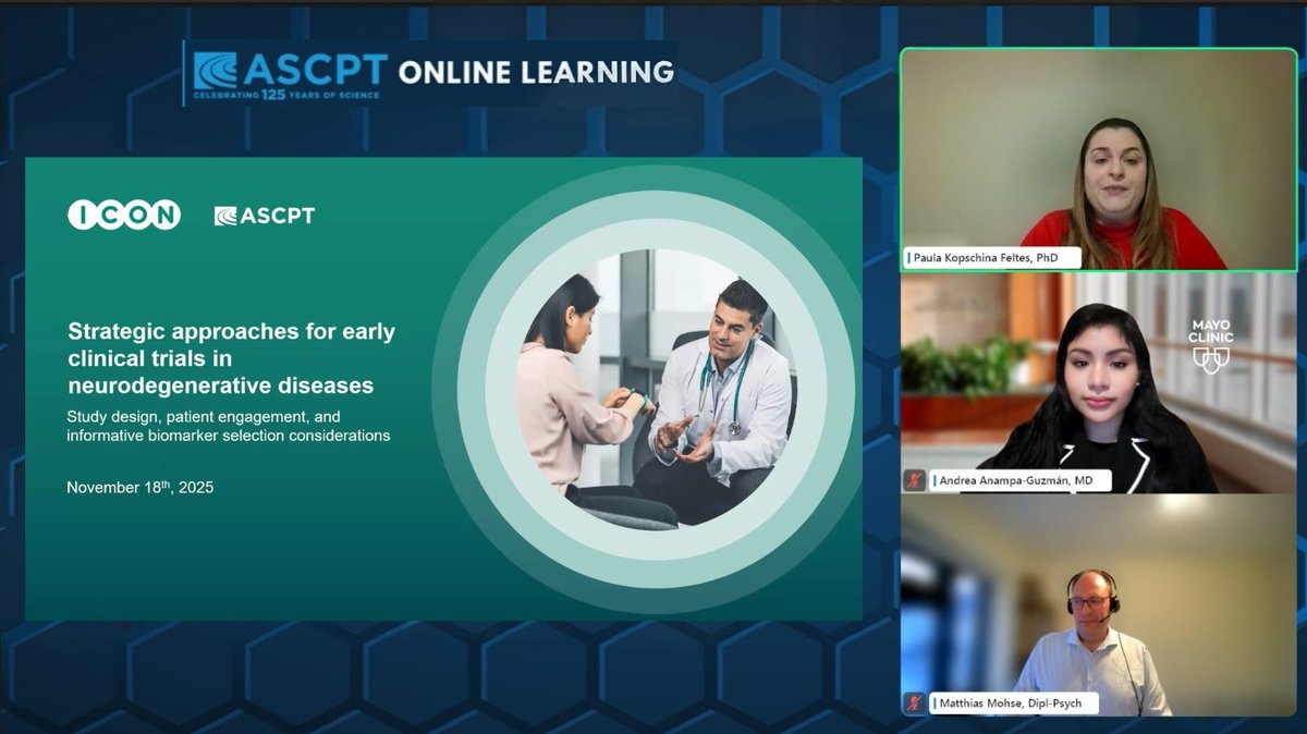 Honored to moderate today’s <a href="/ICONplc/">ICON Plc</a>  &amp; <a href="/ASCPT_ClinPharm/">ASCPT Alexandria</a> on strategic approaches for Early Clinical Trials in Neurodegenerative Diseases. We covered trial objectives, population selection, patient engagement &amp; biomarker strategy
 events.zoom.us/ejl/AnqSoBin1H…