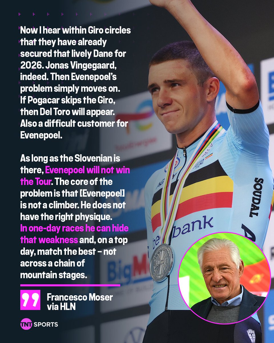 cyclingontnt's tweet image. Francesco Moser shares his thoughts on whether Remco Evenepoel can win another Grand Tour 👀