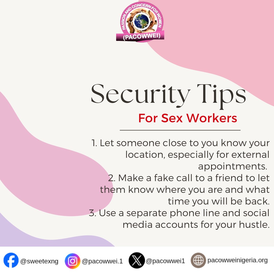 Pacowwei1's tweet image. #securitytips #info #facts
Be aware.
Take charge of your safety.

Share with someone around you.

#pacowwei #sexworkers #sexwork #safetyfirst #safetytips