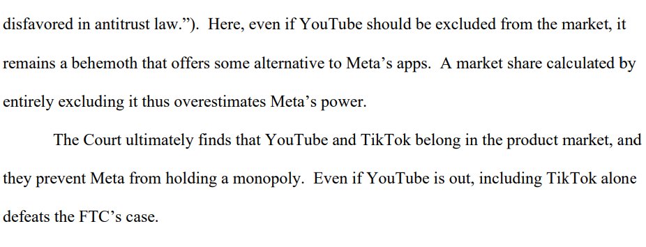 BenRemaly's tweet image. FTC loses its case seeking to break up Facebook/WhatsApp/Instagram. 

Judge Boasberg concluded that the existence of TikTok  means Meta does not have a monopoly over personal social network services