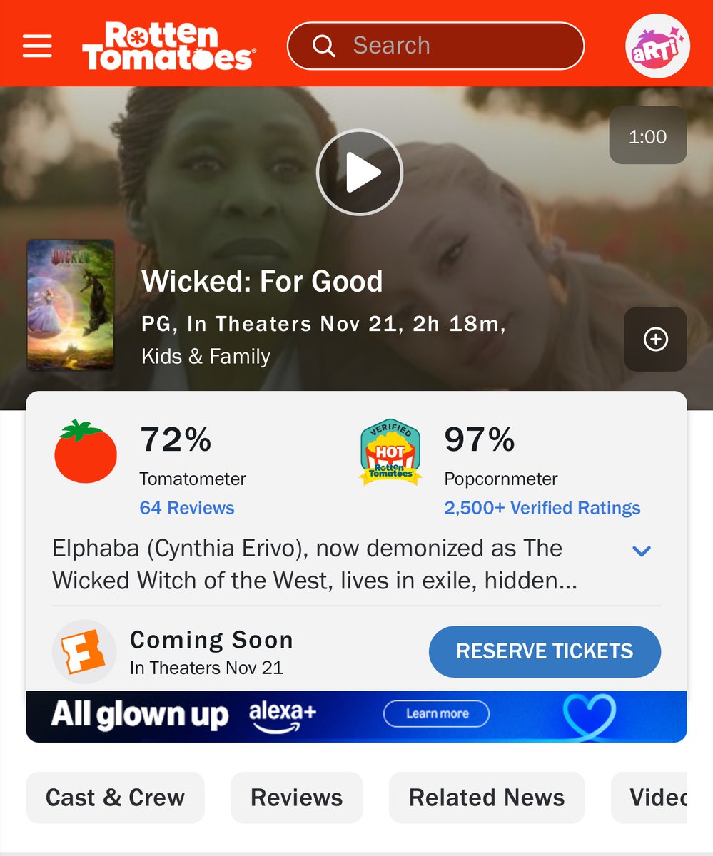 ProjBigScreen's tweet image. &apos;WICKED: FOR GOOD&apos; has debuted with a 72% from critics on Rotten Tomatoes