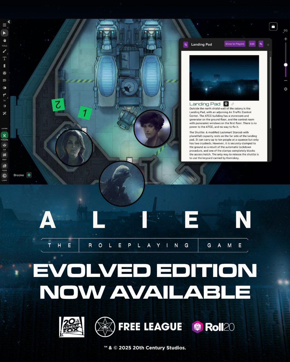 roll20app's tweet image. ALIEN: Evolved has breached Roll20. 👽

Enter a deadly frontier with new art and updated rules! Build your crew, grab iconic weapons, and drop into scenarios packed with ready-to-run maps, tokens, and NPCs.

Buy on Roll20 &amp;amp; get it on @DemiplaneRPG FREE.
➡️ hubs.li/Q03TPkfC0