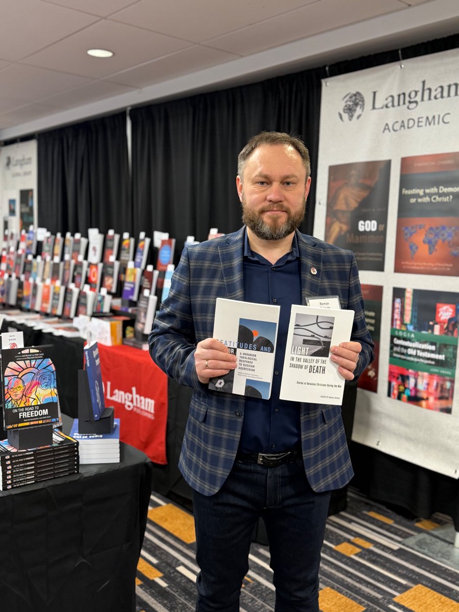 langhampub's tweet image. Meeting Langham authors at the booth is a special occasion! Ukrainian theologians Oleksandr Geychenko and Roman Soloviy, with the books they edited and co-authored: &quot;Beatitudes and Terror&quot; and &quot;Light in the Valley of the Shadow of Death&quot; (both available at #ETS2025 #sblaar25!)