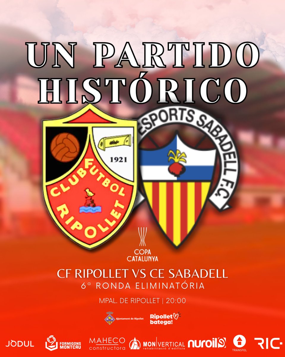 ¿Te lo vas a perder? Te arrepentirás seguro de no haber estado.

🏆 6ª Ronda #CopaCatalunya 
🆚 @cesabadell 
📆 19 de noviembre
⏰20:00h
🏟️ Mpal. de Ripollet

#VamosRipo hagámoslo por todo un pueblo❤️