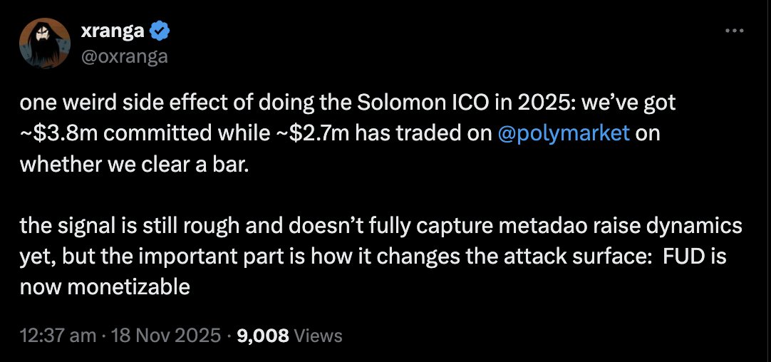 Screenshot of xranga's tweet on Solomon ICO and Polymarket FUD