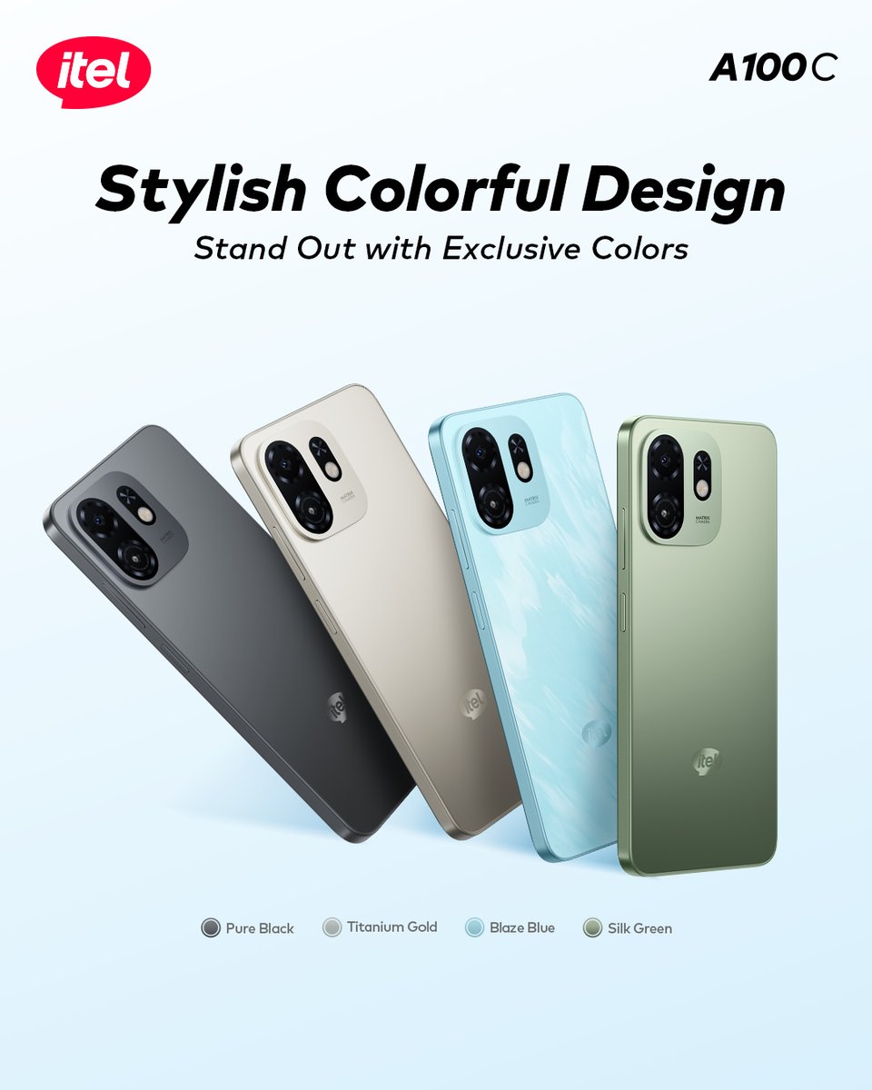 itelghana's tweet image. 🌈 1. Style that speaks for you!
The itel A100C comes in stunning colors made to match your vibe.
Which color are you picking? 😍

#itelA100C    
#AIForEveryone
 #stylishbydesign