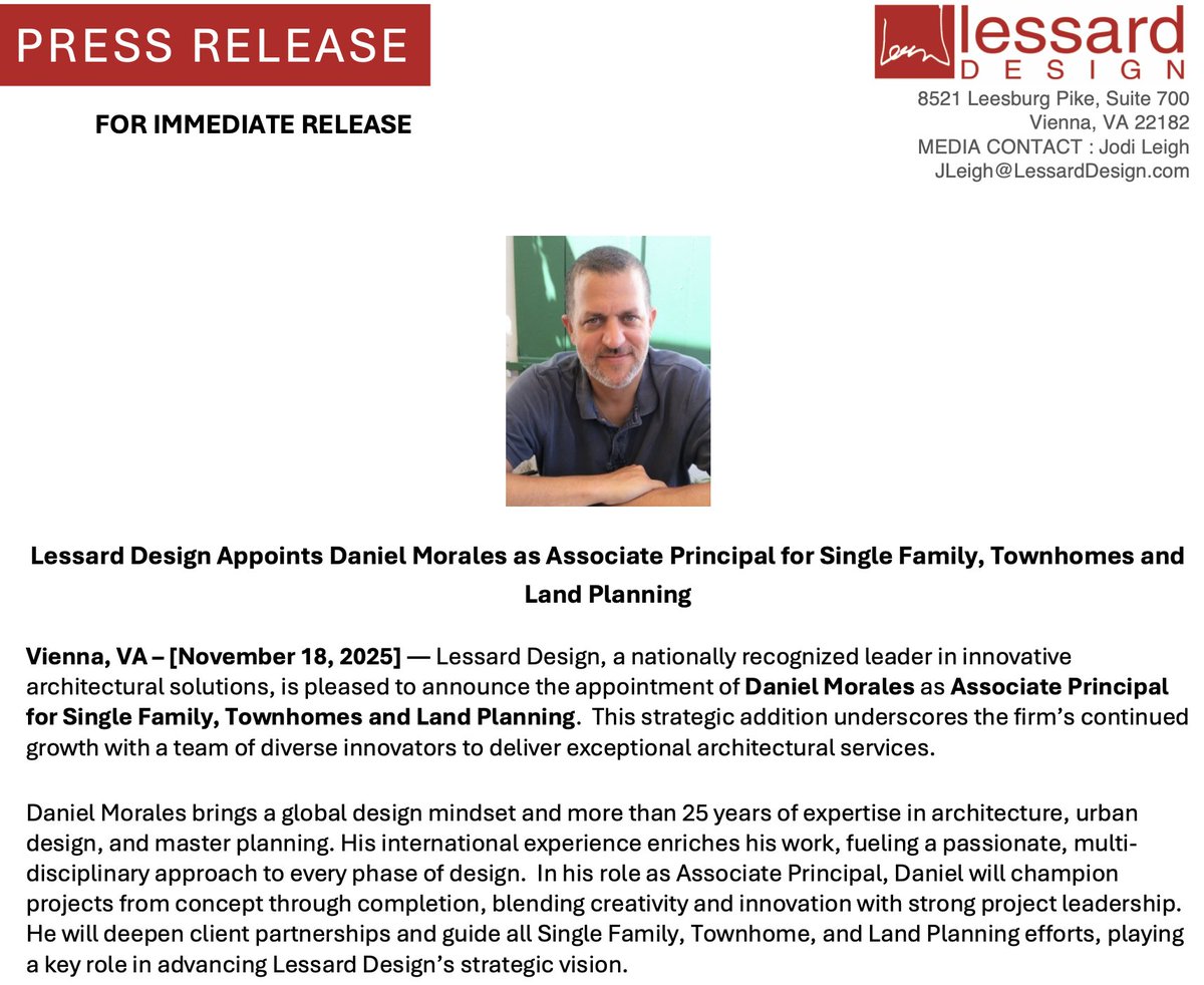 Lessarddesign's tweet image. Lessard Design Appoints Daniel Morales as New Associate Principal for Single Family, Townhomes and Land Planning. #danielmorales #associateprincipal #singlefamily #townhomes
#landplanning
#lessarddesign
#architecturaldesign
#designinnovation #leadershipannouncement