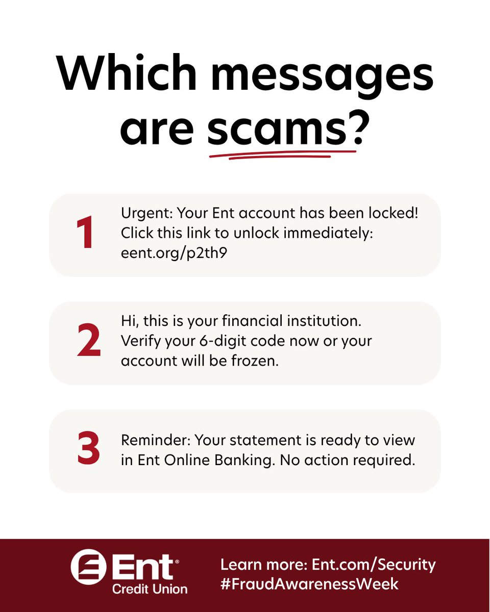 🚨 Two of these three messages are scams. Can you spot them? 

Look for urgent language, suspicious links, or requests for codes. 

Pause, trust your gut, and verify before clicking. You’ve got this!  

#FraudAwarenessWeek