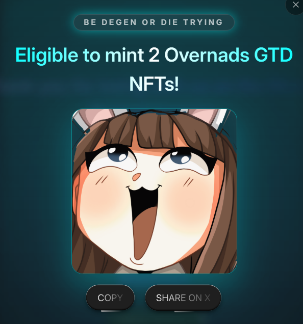 Finally....!!!!!

I'm eligible to mint 2 Overnads GTD NFTs!!
    
check your wallet here: portal.overnads.xyz 

cant stop talking about <a href="/multibank_io/">MultiBank.io</a>...and <a href="/irys_xyz/">Irys (✧ᴗ✧)</a>