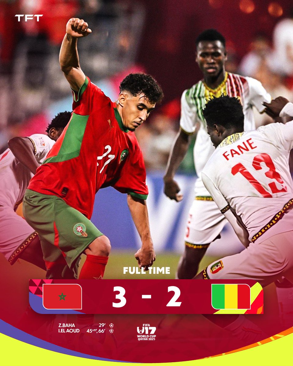 ⏱️ 𝗧𝗘𝗥𝗠𝗜𝗡𝗘́ ! 𝙇𝙚 𝙈𝙖𝙧𝙤𝙘 𝙚́𝙩𝙖𝙡𝙚 𝙨𝙖 𝙘𝙡𝙖𝙨𝙨𝙚 𝙘𝙤𝙣𝙩𝙧𝙚 𝙡𝙚 𝙈𝙖𝙡𝙞 ! 🇲🇦🇲🇱

Les lionceaux de l’Atlas s’imposent sur le score de 3 buts à 2 ! 

𝟮𝗲̀𝗺𝗲 𝗾𝘂𝗮𝗹𝗶𝗳𝗶𝗰𝗮𝘁𝗶𝗼𝗻 de suite en quarts de finale pour les u17 ! ✅