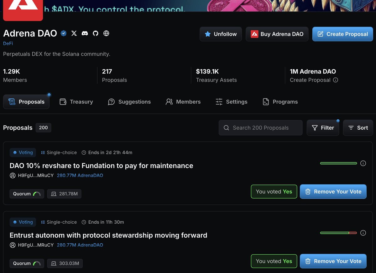 Screenshot of Adrena DAO proposals showing votes on revenue sharing and protocol stewardship