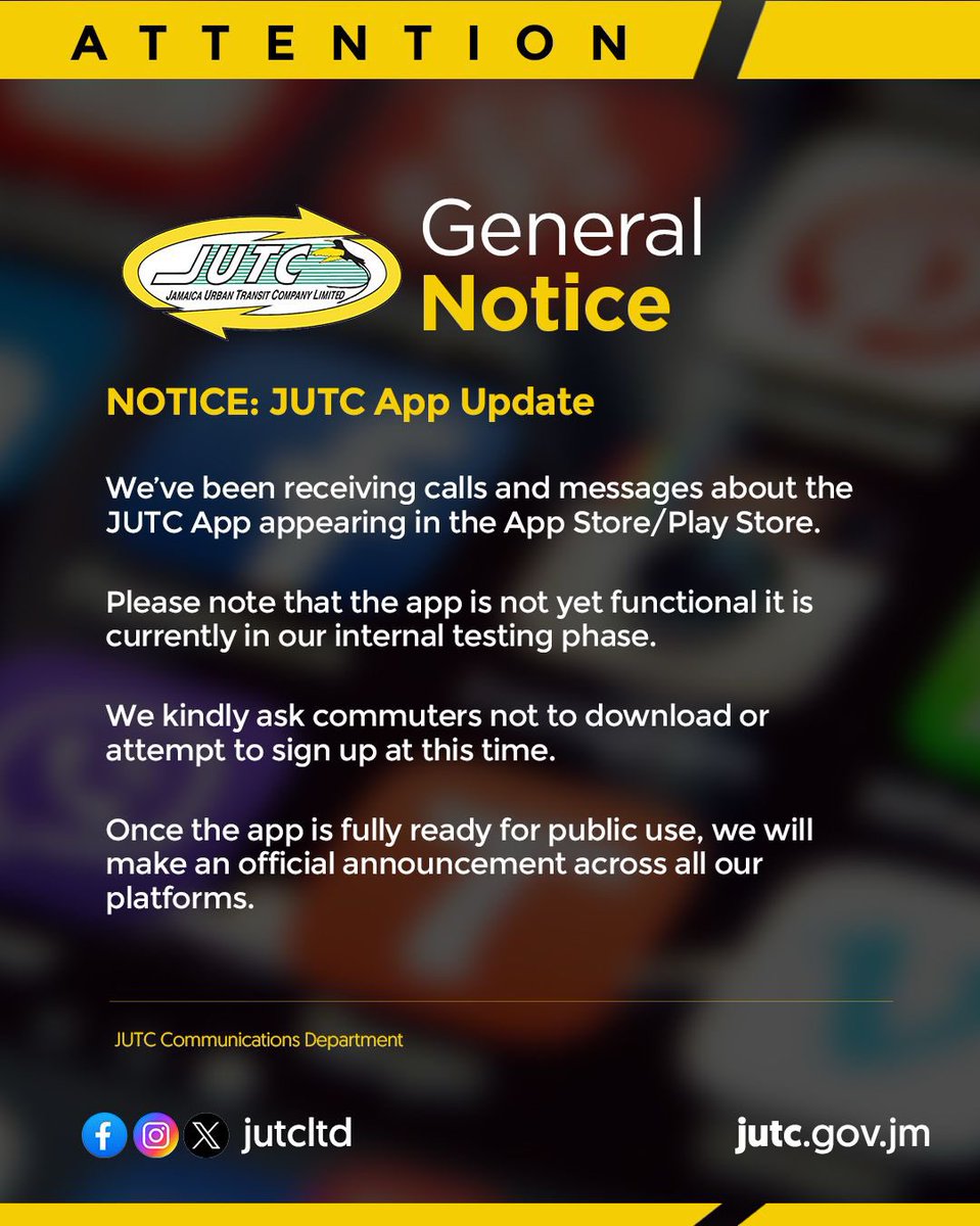 jutcltd's tweet image. Please be advised: The JUTC App seen in stores is currently non-functional and undergoing internal testing; do not download, and wait for our official public launch announcement. #JUTCAppUpdate