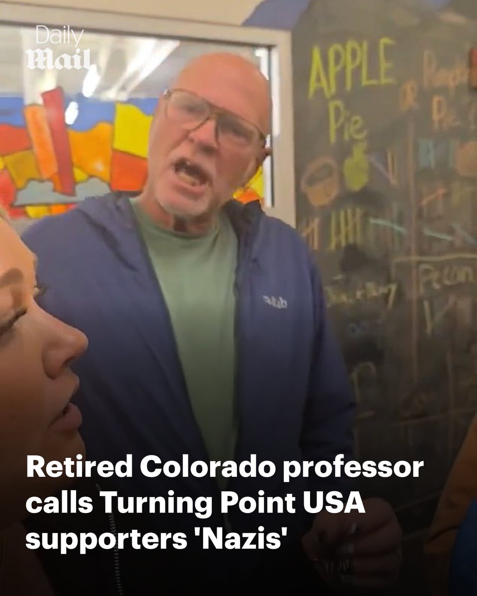 Daily_MailUS's tweet image. A retired Colorado professor angrily branded Turning Point USA supporters 'Nazi's' in an fiery exchange after the university reversed its decision to block a chapter from its campus. 🔗 trib.al/jIVs5ZG