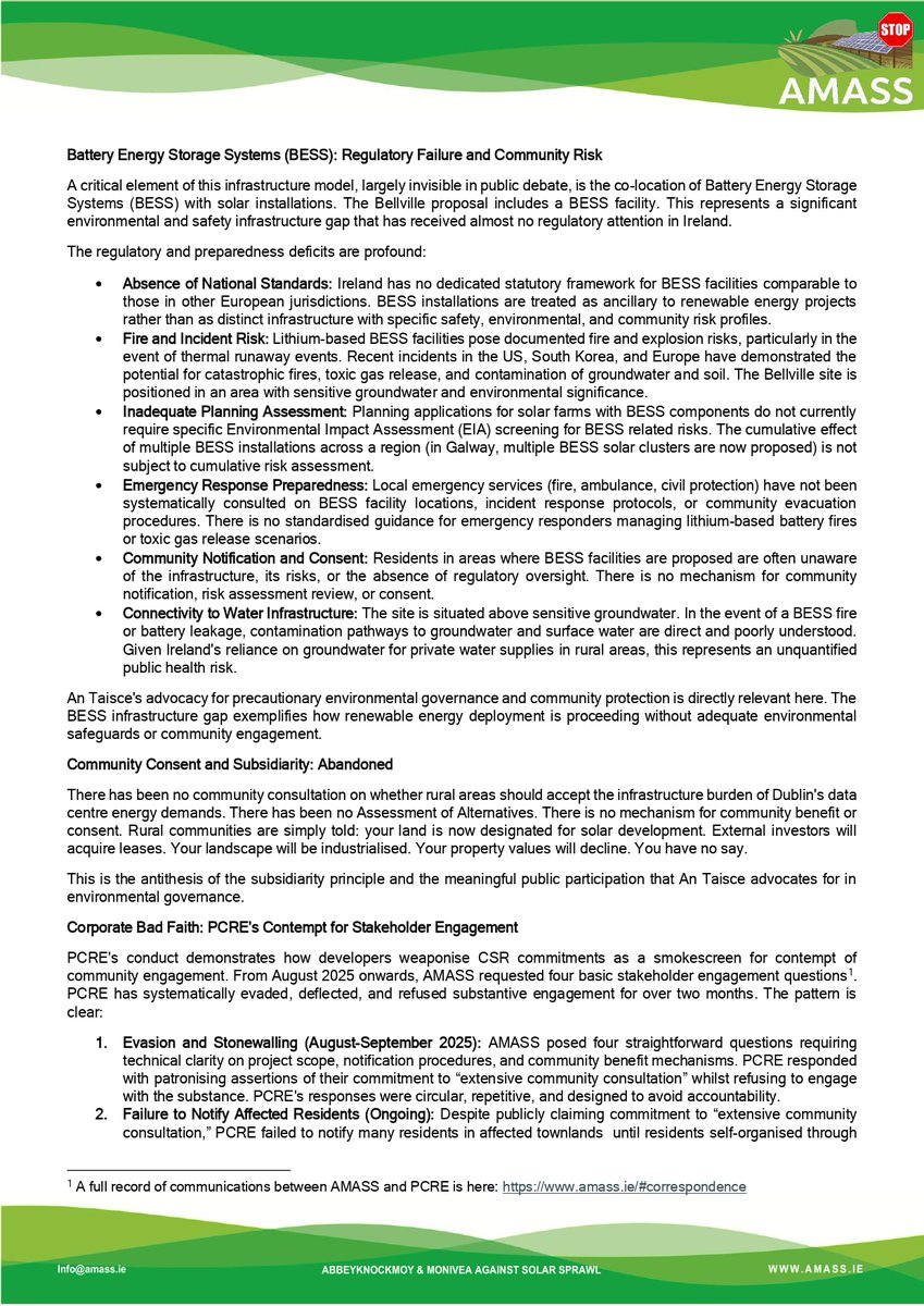 AMASSMOVEMENT's tweet image. Rural Ireland is being industrialised for Dublin data centre power. @AMASSMOVEMENT urges @Antaisce to act on solar &amp;amp; BESS risks, planning failures &amp;amp; corporate bad faith. Communities ignored. #AMASS
amass.ie/#correspondence