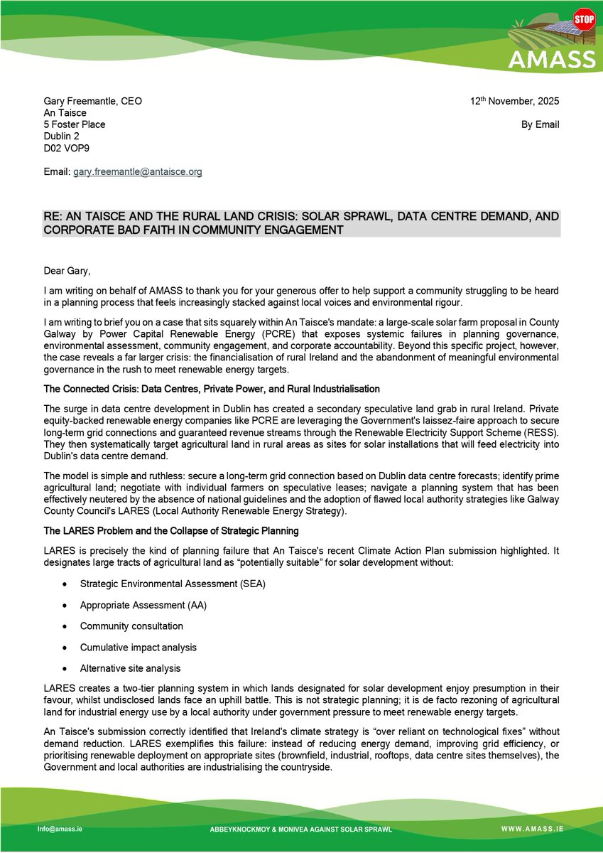 AMASSMOVEMENT's tweet image. Rural Ireland is being industrialised for Dublin data centre power. @AMASSMOVEMENT urges @Antaisce to act on solar &amp;amp; BESS risks, planning failures &amp;amp; corporate bad faith. Communities ignored. #AMASS
amass.ie/#correspondence