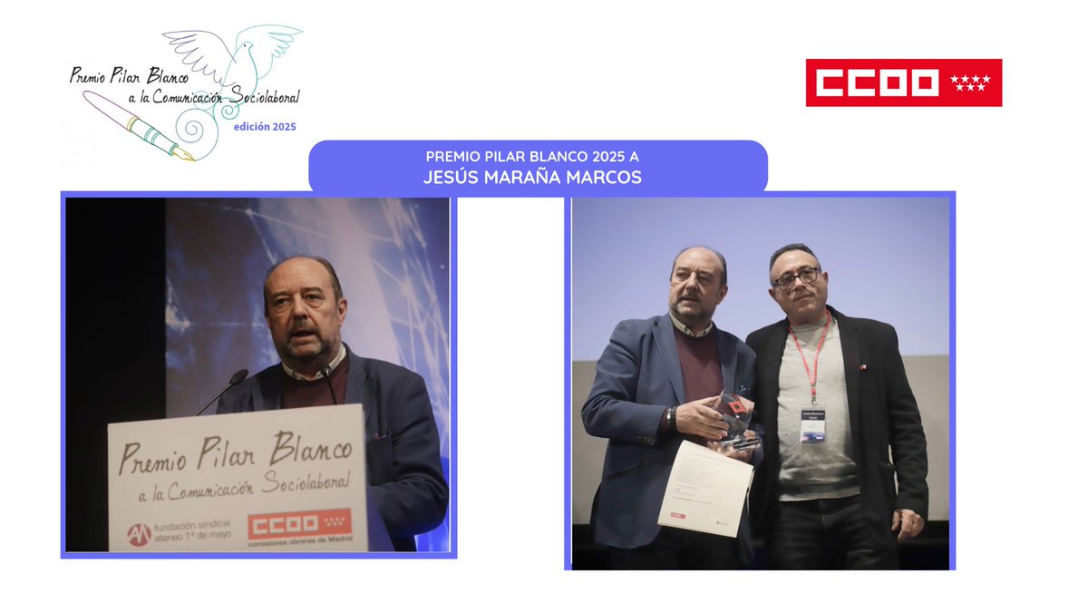 Premio Pilar Blanco 2025 a <a href="/jesusmarana/">Jesús Maraña</a> por su compromiso con las causas laborales y la defensa de los derechos de las personas trabajadoras gracias a su labor periodística.

Entrega el premio <a href="/v_garciac/">vicente garcia🔻</a>
