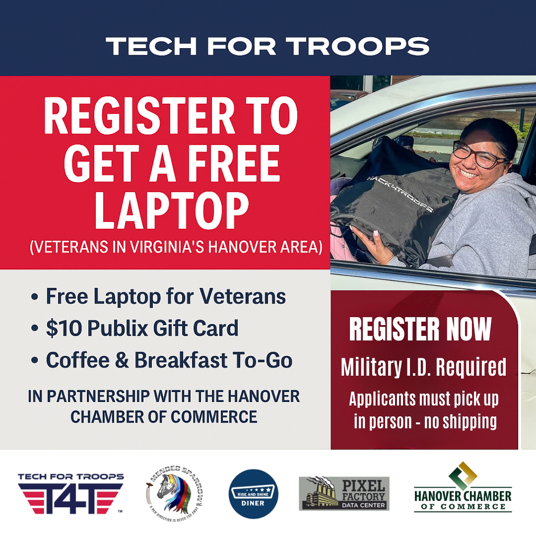 TechForTroopsVA's tweet image. Hanover Area Veterans — register now for Saturday’s Turkey &amp;amp; Tech Drive!
Free laptop, $10 Publix card &amp;amp; breakfast-to-go.
Partner: Hanover Chamber of Commerce
Register ➜ techfortroops.org/tech-100-hanov… 
#Veterans #TechForTroops #HanoverVA #Tech100