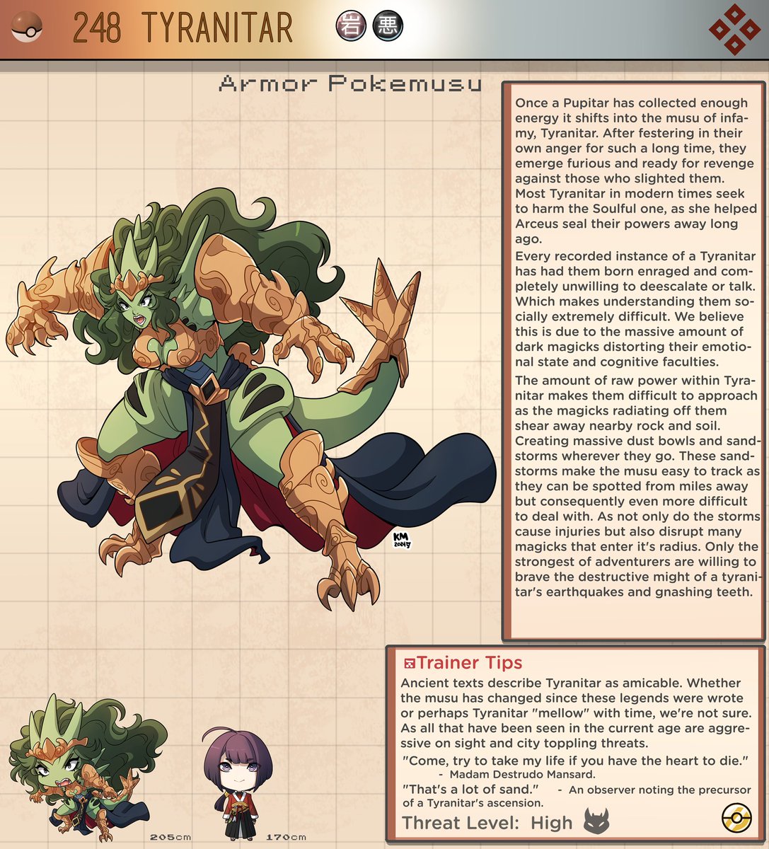Tyranitar are rage and destruction incarnate, while there are not many records of them bonding with others it's assumed they only did so with others that shared their...unique tendencies.
dex: <a href="/wilsonthegreen/">wilsonthegreen</a>