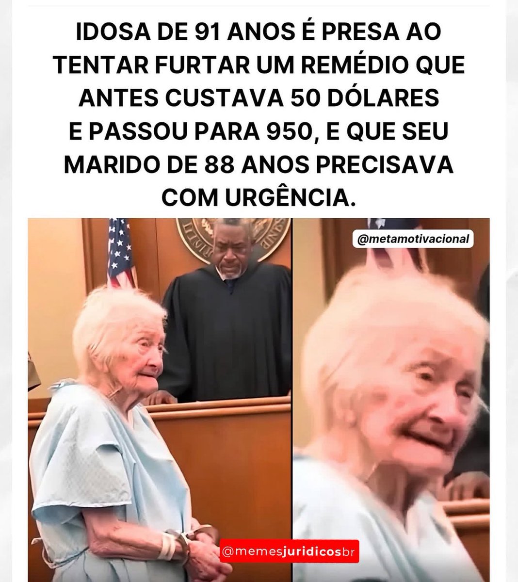 Casada ha 65 anos, por 3 dias, ela viu o marido lutar para respirar. Desesperada, voltou à farmácia. Enquanto o farmacêutico se virava, ela colocou o medicamento na bolsa. Não chegou nem a alcançar a porta, a polícia a acusou de furto qualificado. Durante o processo de registro,