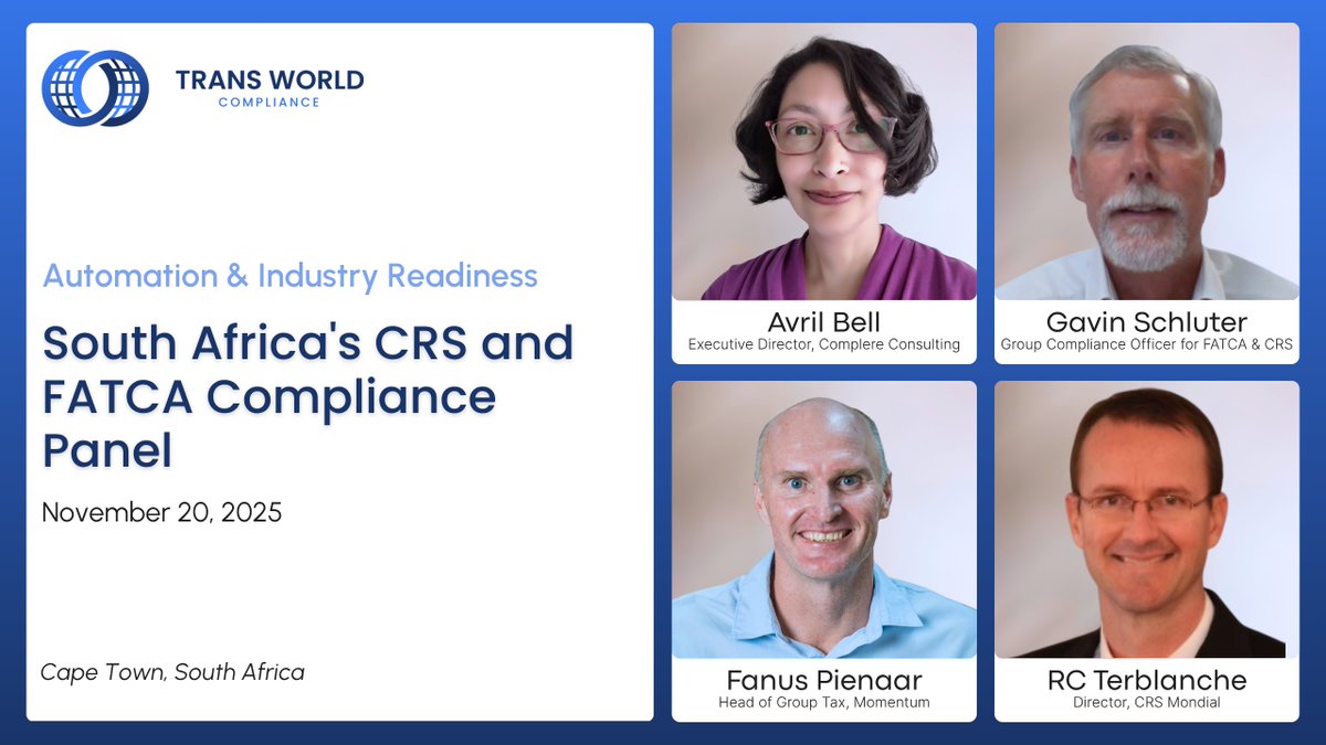 TransWorldComp's tweet image. We’re looking forward to hosting our panel discussion this Thursday, November 20, in Cape Town: South Africa’s CRS and FATCA Compliance, Automation &amp;amp; Industry Readiness. 

#Compliance #CRS #FATCA #AEOI #SouthAfrica