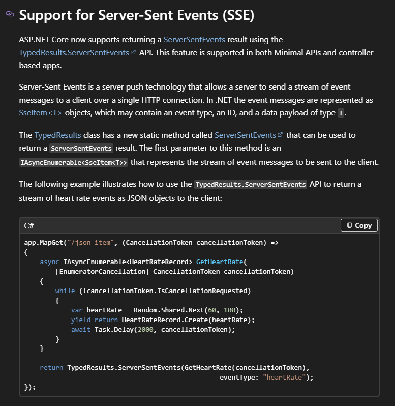 vyrotek's tweet image. ASP .NET 10 added this brand new thing called Server-Sent-Events. very cool new way to stream content to the browser without sockets. hope it catches on it. could be huge for hypermedia.